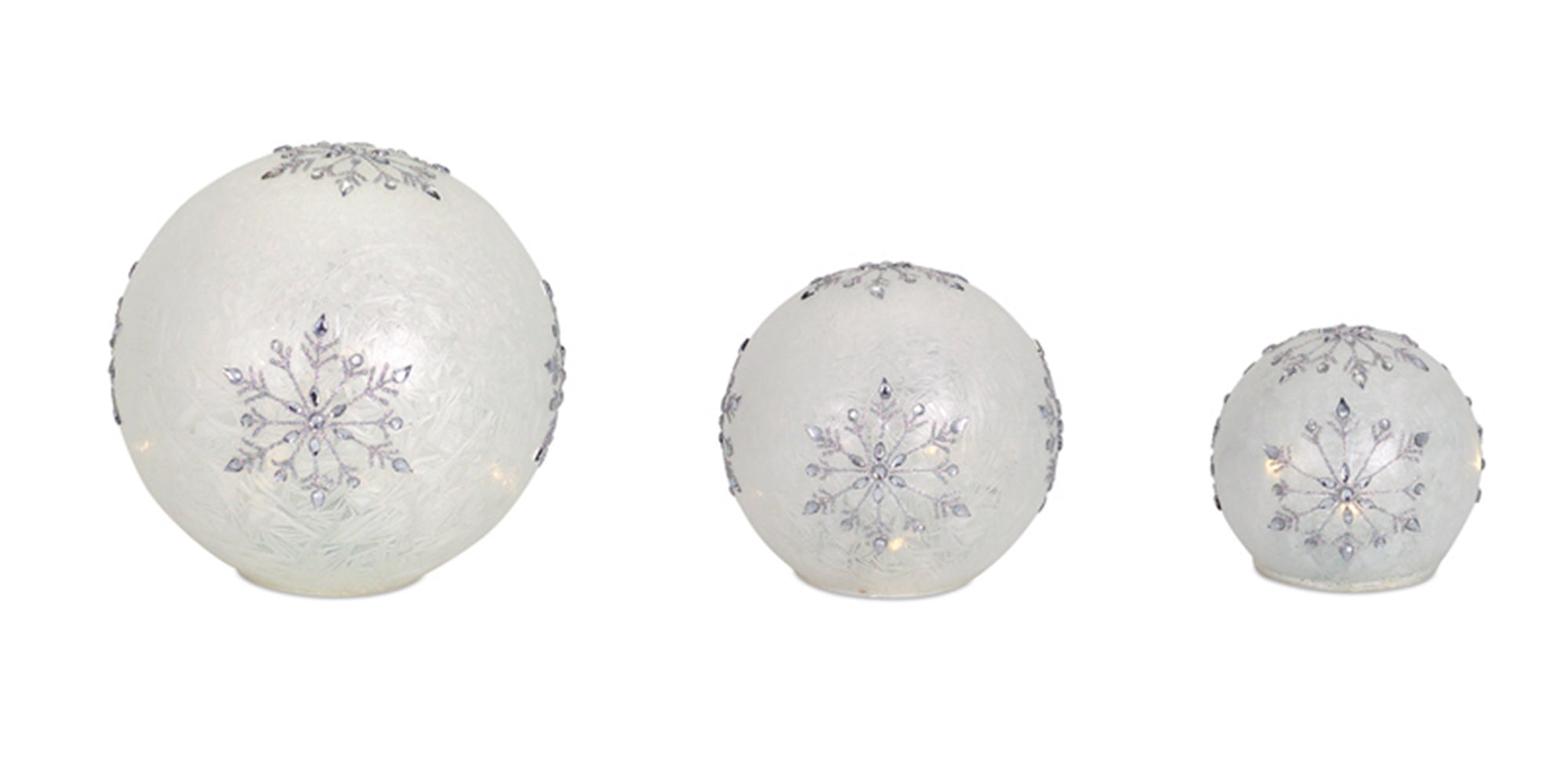 LED Snowflake Globes w/6 Hr Timer (Set of 3) 4"D, 5"D, 8"D Glass (Requires 3 AA Batteries, Not Inclu