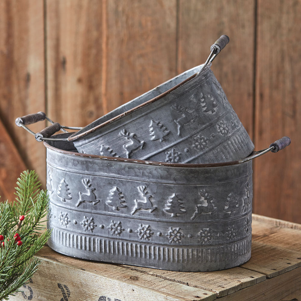 Embossed Oval Christmas Buckets (S/2)