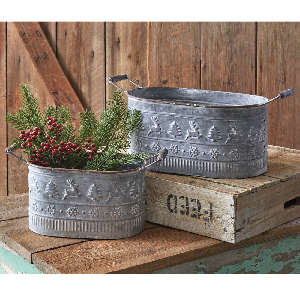 Embossed Oval Christmas Buckets (S/2)