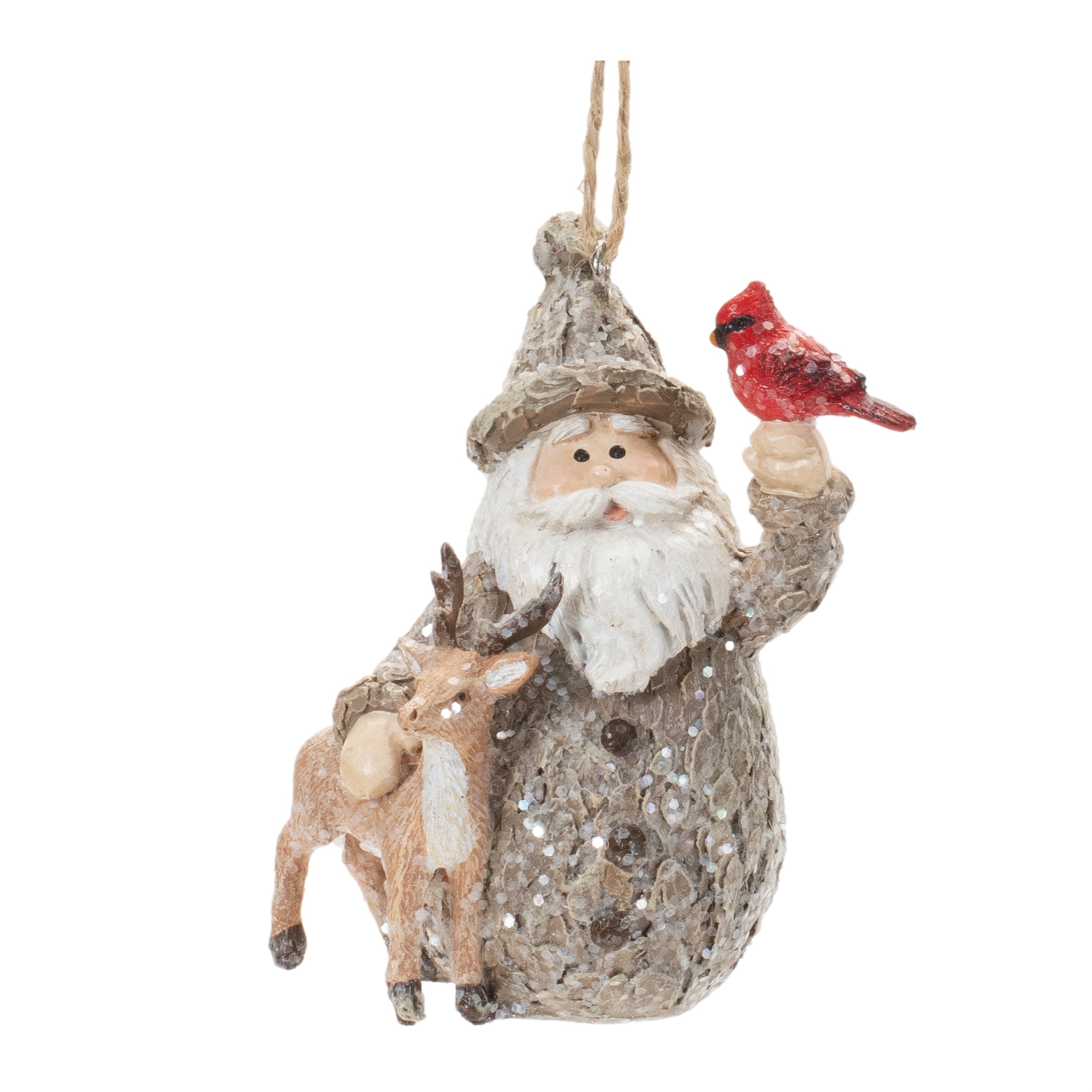 Santa w/Cardinal & Deer Ornament 3”H Resin