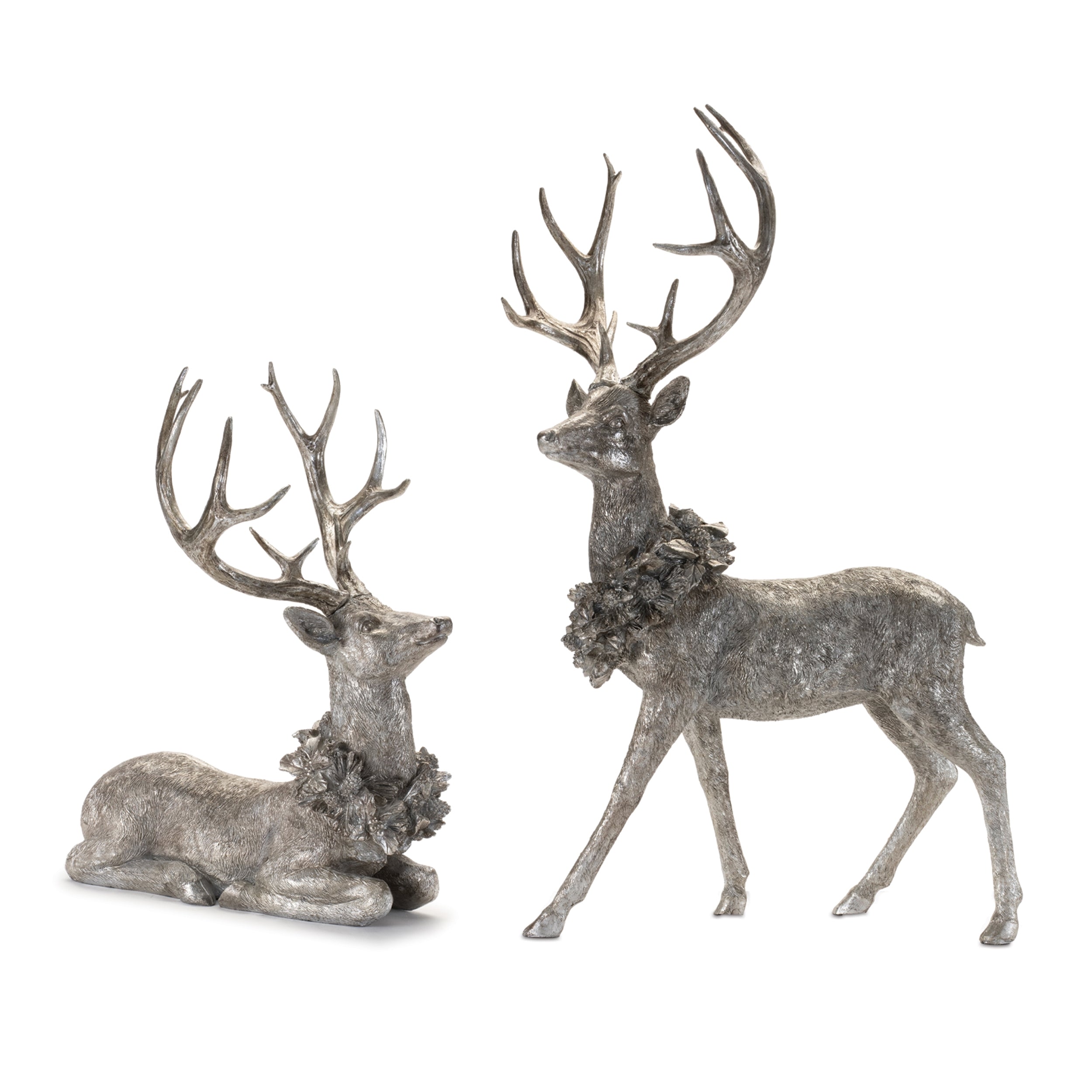 Deer w/Wreath (2 Asst) 15"L x 19"H, 17.5"L x 27.5"H Resin