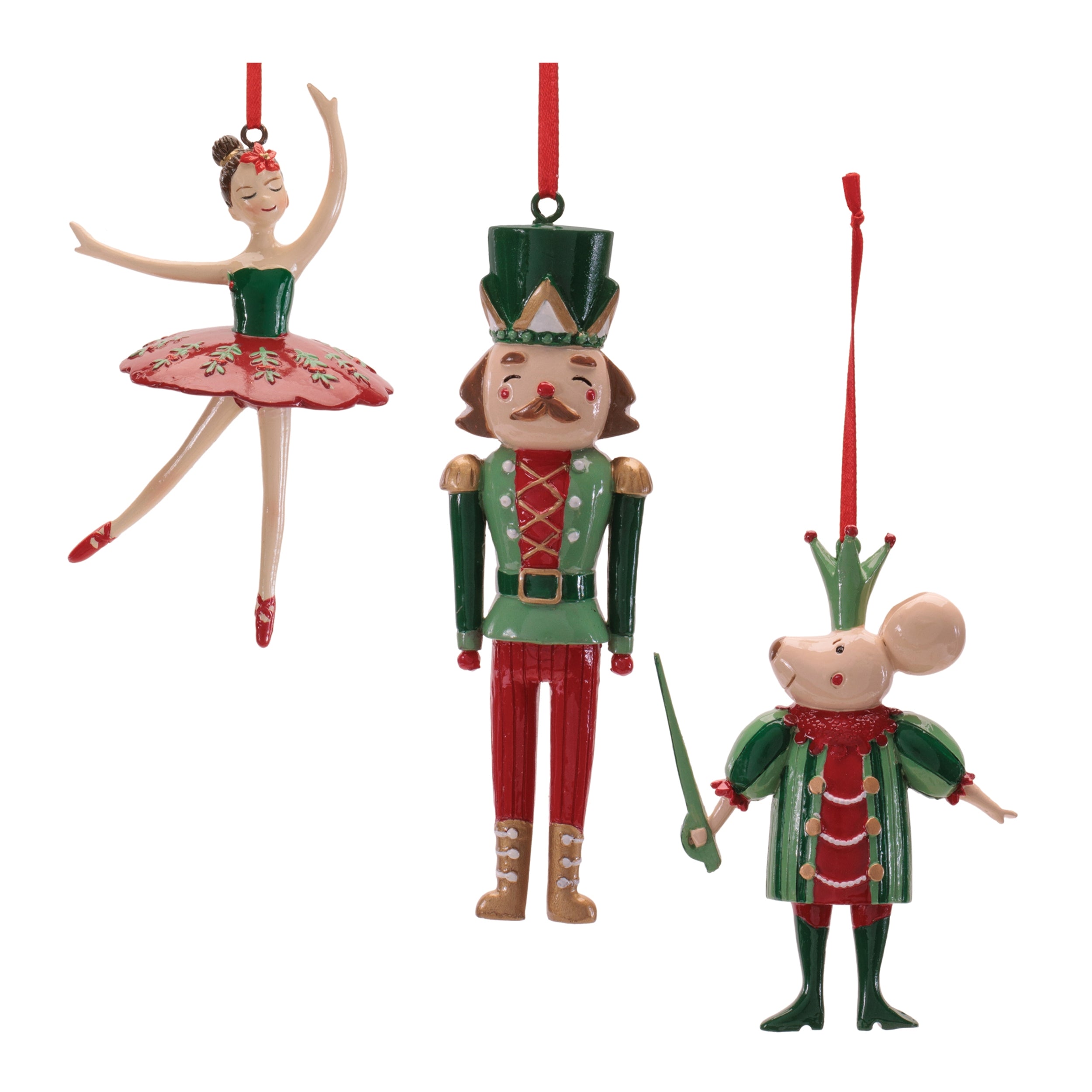 Nutcracker, Mouse, Ballerina Ornament (3 set of) 4.75"H, 5"H, 5.5"H Resin