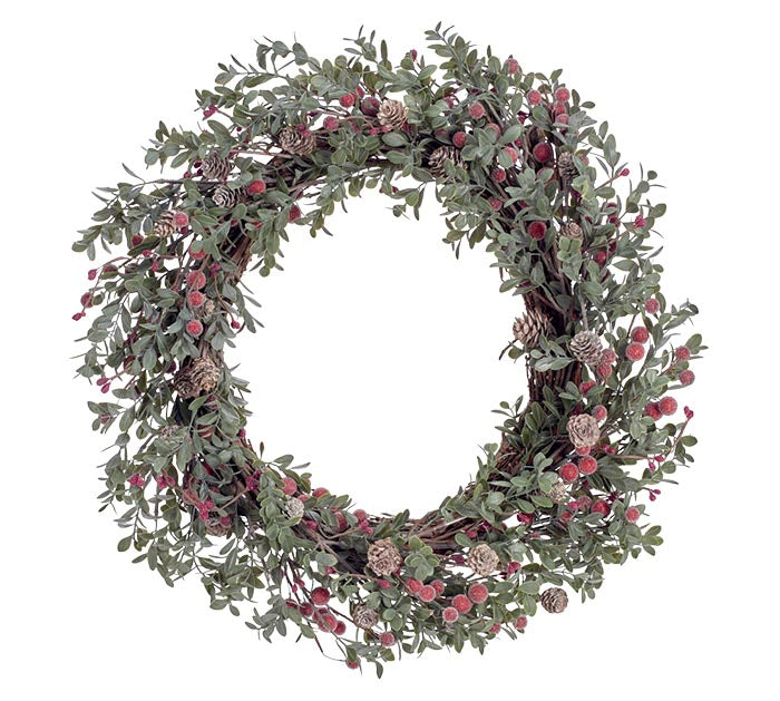 20" BOXWOOD GREENERY WITH RED BERRIES WREATH