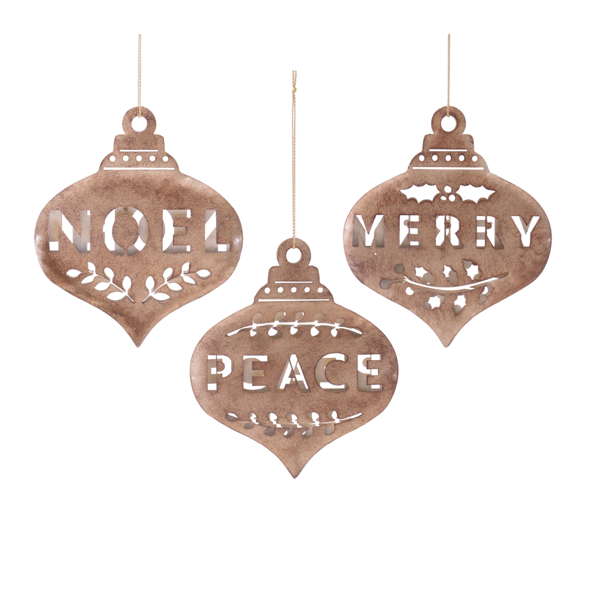 Noel/Peace/Merry Ornament (3 set of) 4”H Metal